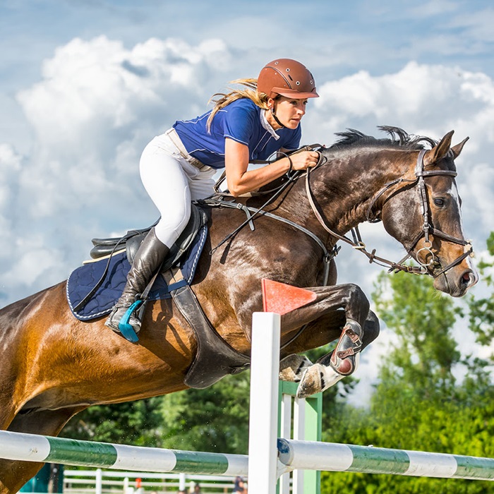 Female equestrian jumping over an obstacle in competition